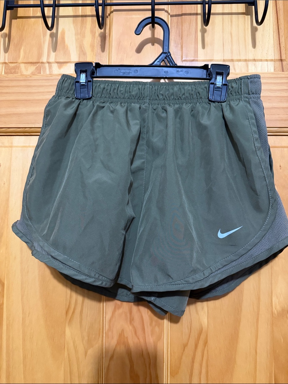 Nike Women’s Olive Green Athletic Running Shorts with Reflective Swoosh, Size M
